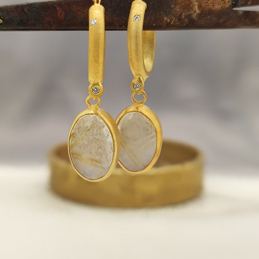 Rutile quartz & Diamonds 14K Yellow gold earrings. Handmade unique one of kind